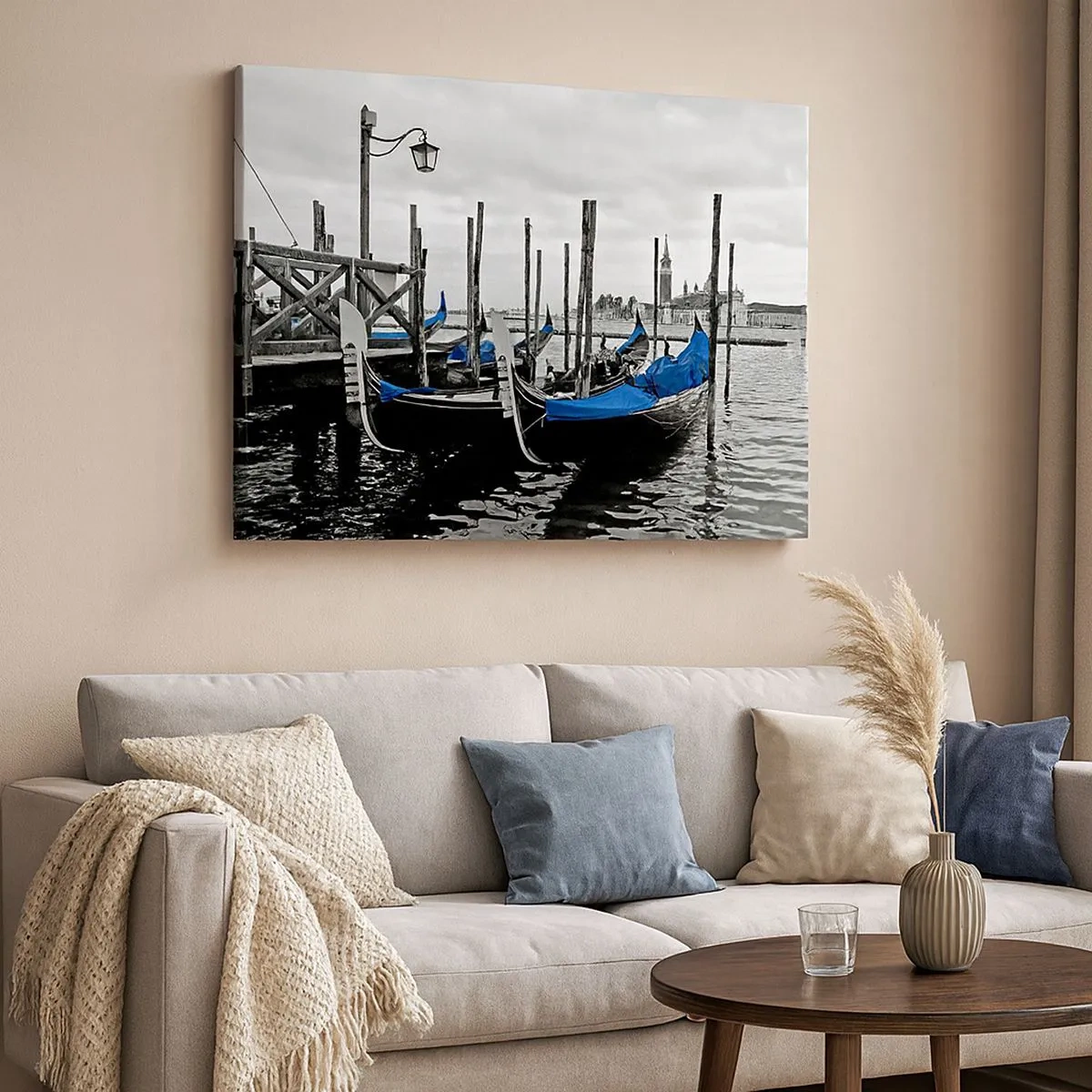 Cuadro sobre lienzo - Impresión de Imagen - Góndolas en Venecia con cubiertas azules - 70x50cm - Venecia en el pensamiento - Decoración de pared moderna para salón y dormitorio ARTTOR
