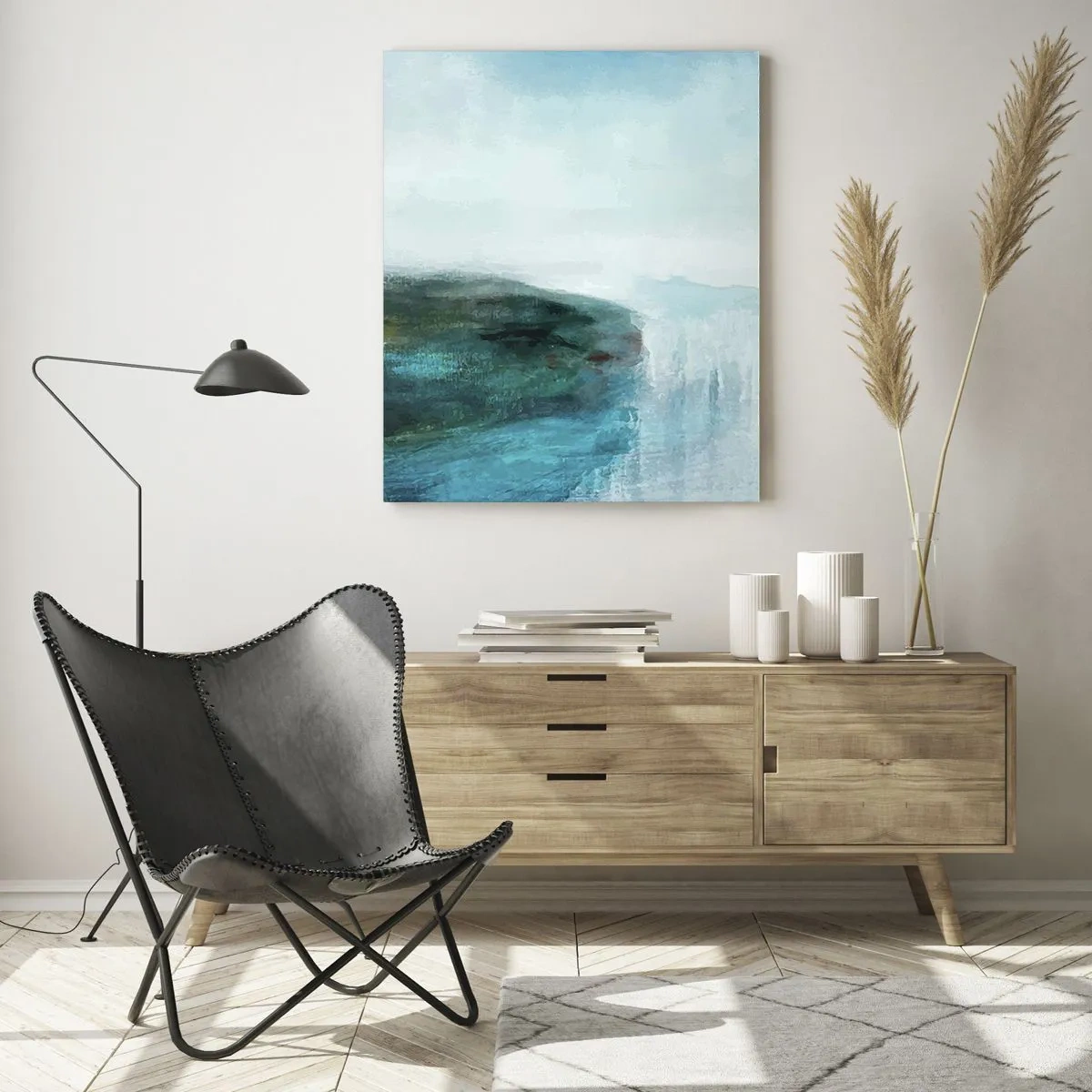 Cuadro sobre vidrio - Impresiones sobre Vidrio - Paisaje abstracto en tonos turquesa y gris. - 80x120cm - Abstracción marina - Decoración de pared moderna para salón y dormitorio ARTTOR