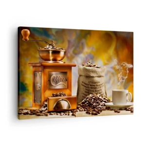 Cuadro sobre lienzo - Impresión de Imagen - Molinillo de café con granos y una taza al fondo. - 70x50cm - El crujido de los granos, el ruido del molino - Decoración de pared moderna para salón y dormitorio ARTTOR