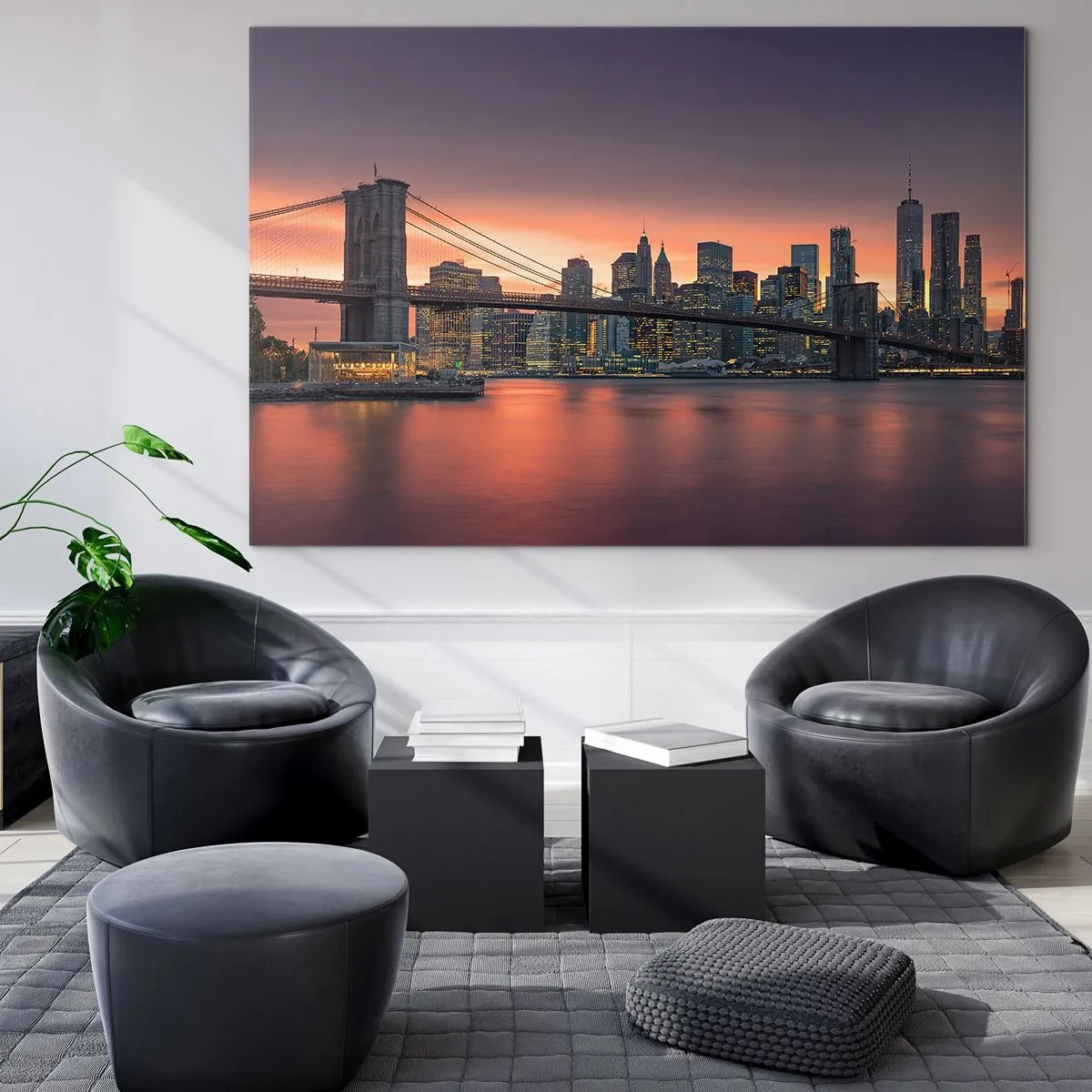 Cuadro sobre vidrio - Impresiones sobre Vidrio - Puente de Brooklyn al atardecer - 120x80cm - Ahogado en el silencio lila - Decoración de pared moderna para salón y dormitorio ARTTOR