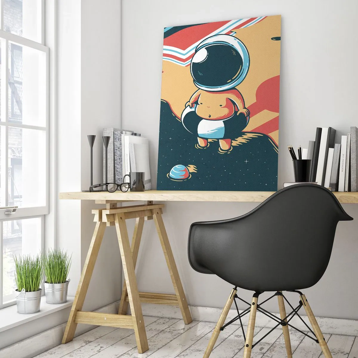 Cuadro sobre vidrio - Impresiones sobre Vidrio - Astronauta divertido en la playa con elementos espaciales de fondo. - 70x100cm - Desde una perspectiva diferente - Decoración de pared moderna para salón y dormitorio ARTTOR