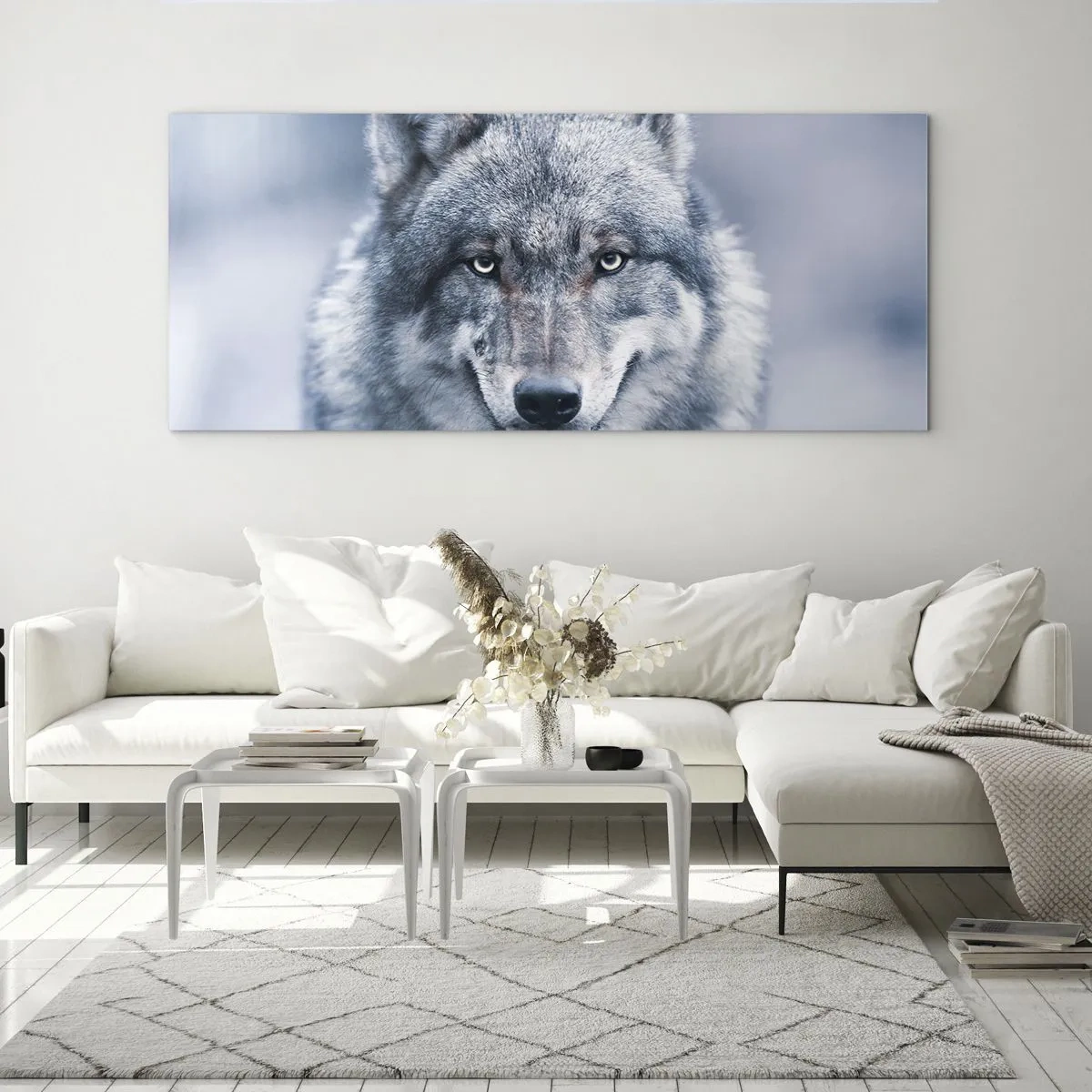 Cuadro sobre vidrio - Impresiones sobre Vidrio - Un lobo con una mirada intensa en un paisaje invernal. - 160x50cm - ¿Aceptarás el reto? - Decoración de pared moderna para salón y dormitorio ARTTOR