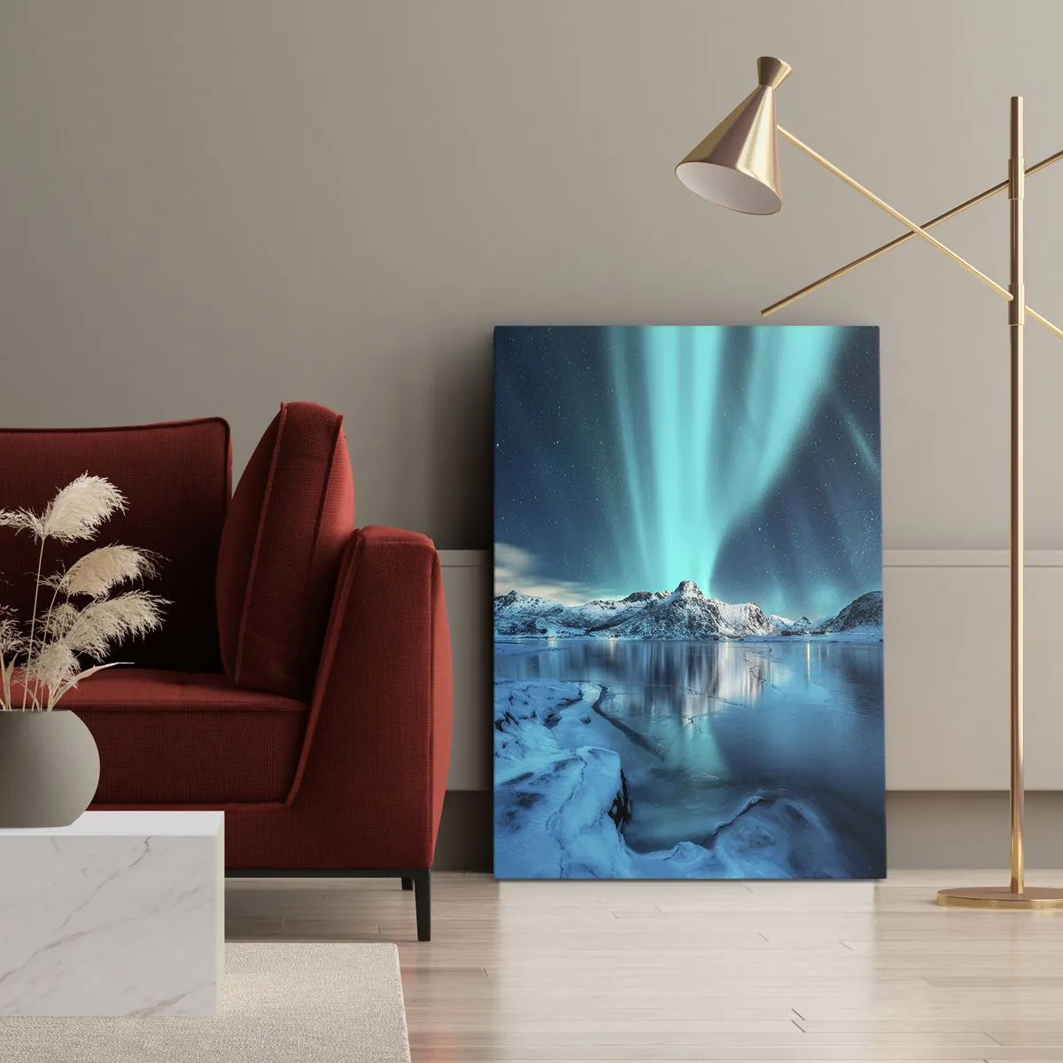 Cuadro sobre lienzo - Impresión de Imagen - Aurora boreal sobre montañas nevadas y un lago - 50x70cm - Una noche de luz - Decoración de pared moderna para salón y dormitorio ARTTOR
