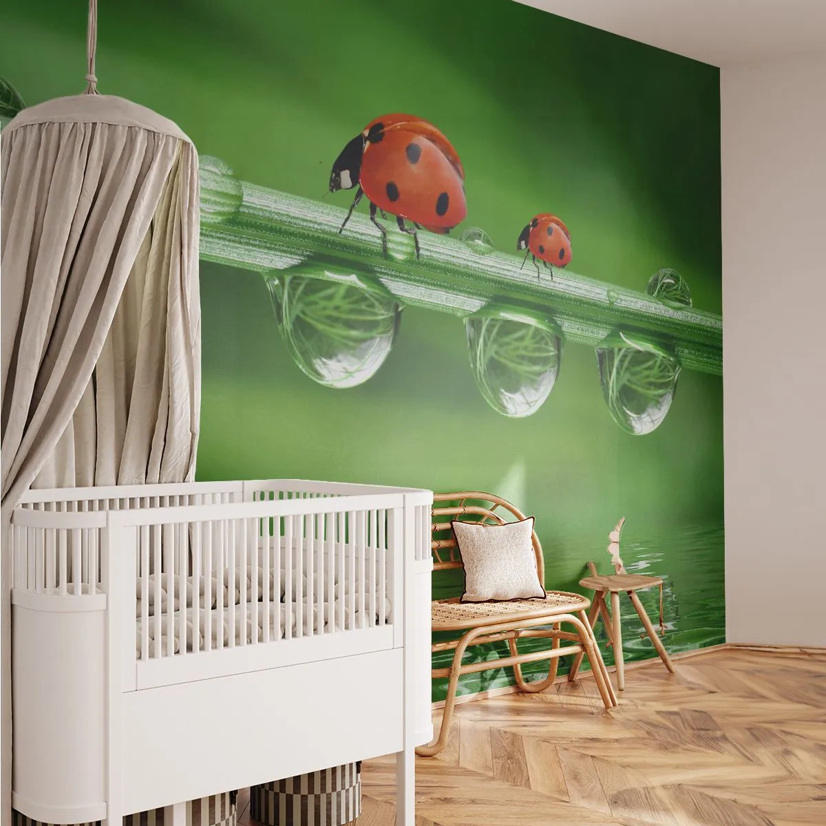 Fotomural Premium Sand - Dos mariquitas en una brizna de hierba con gotas de rocío. - 100x70cm - En el camino todo el verano - Decoración de pared moderna para salón y dormitorio ARTTOR
