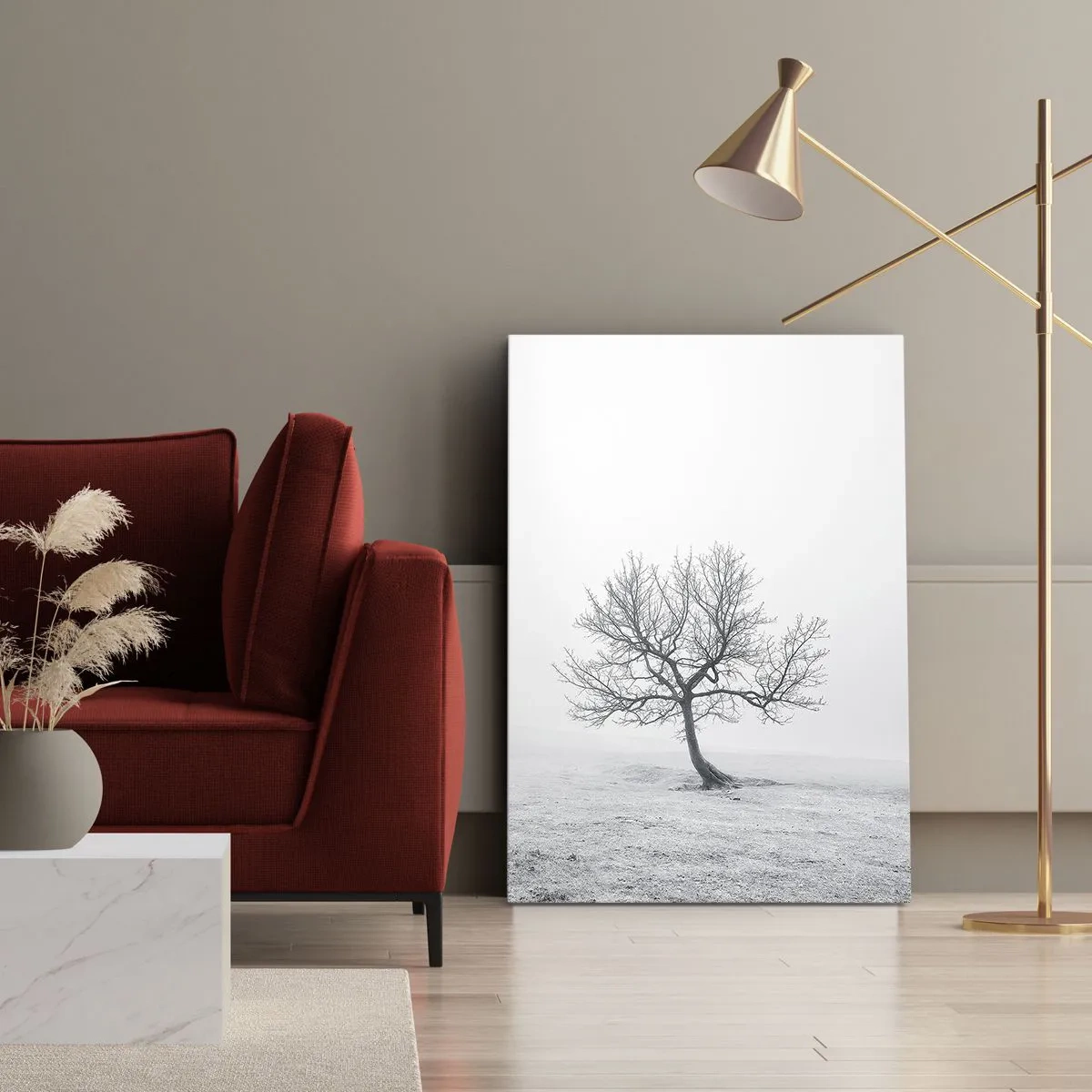 Cuadro sobre lienzo - Impresión de Imagen - Un árbol solitario en la niebla invernal en un campo vacío. - 50x70cm - Contra la nada - Decoración de pared moderna para salón y dormitorio ARTTOR