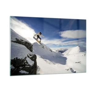 Cuadro sobre vidrio - Impresiones sobre Vidrio - Un snowboarder saltando de un acantilado en las montañas en invierno. - 120x80cm - Libertad sin fronteras - Decoración de pared moderna para salón y dormitorio ARTTOR