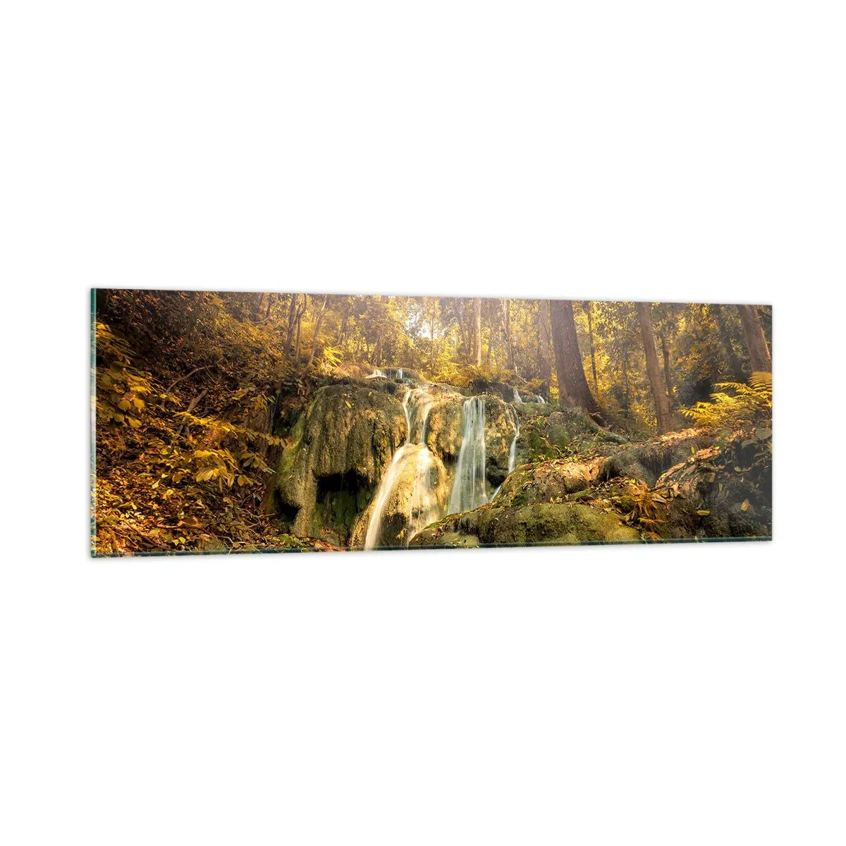 Cuadro sobre vidrio - Impresiones sobre Vidrio - Cascada forestal en verde - 90x30 cm