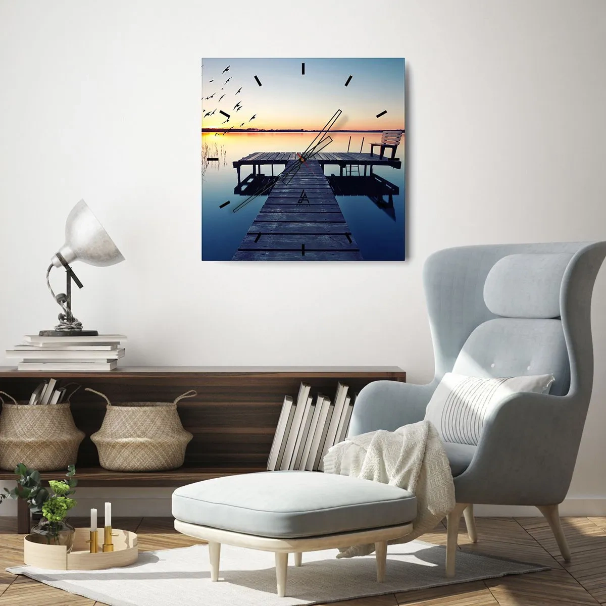 Reloj de pared - Reloj de vidrio - Muelle de madera en un lago al amanecer con pájaros - 30x30cm - Fue un buen día - Decoración de pared moderna para salón y dormitorio ARTTOR