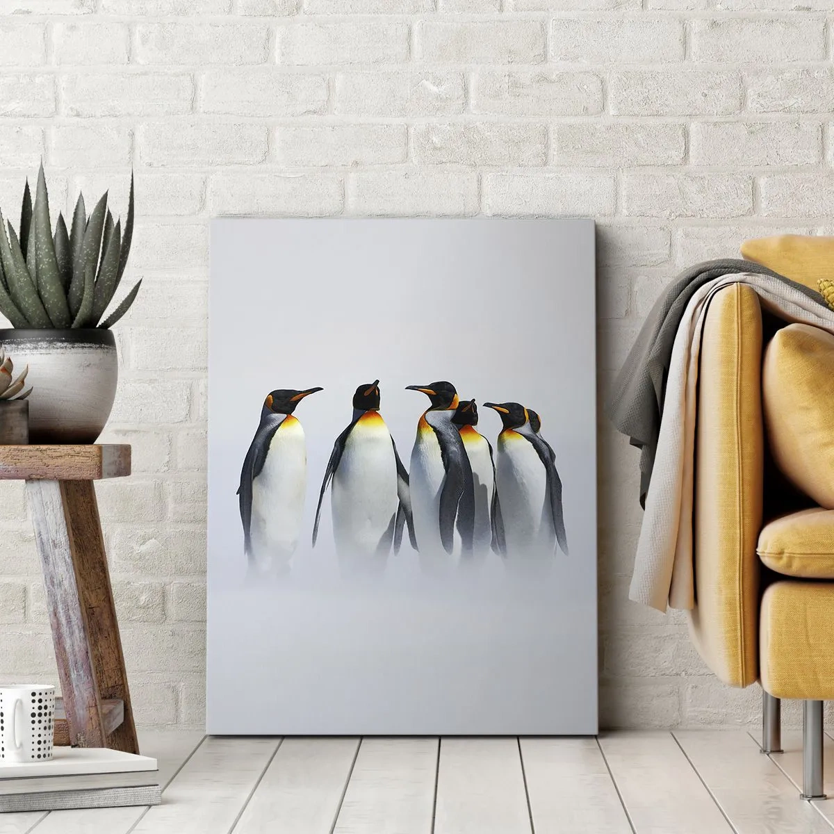 Cuadro sobre lienzo - Impresión de Imagen - Un grupo de pingüinos emperador en la niebla invernal. - 70x100cm - Reunión en traje de noche - Decoración de pared moderna para salón y dormitorio ARTTOR