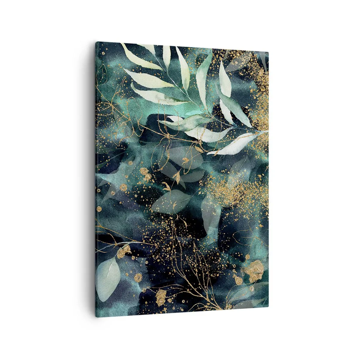 Cuadro sobre lienzo - Impresión de Imagen - Hojas elegantes sobre un fondo oscuro con acentos dorados. - 50x70cm - Jardín encantado - Decoración de pared moderna para salón y dormitorio ARTTOR