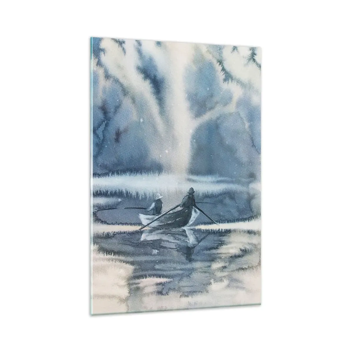 Cuadro sobre vidrio - Impresiones sobre Vidrio - Paisaje de acuarela con barcos en un lago rodeado de un bosque brumoso. - 80x120cm - Pescadores en su paraíso - Decoración de pared moderna para salón y dormitorio ARTTOR