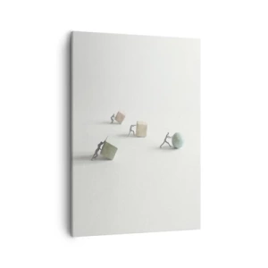 Cuadro sobre lienzo - Impresión de Imagen - Figuras en miniatura que empujan formas contra un fondo claro. - 50x70cm - El avance de la geometría - Decoración de pared moderna para salón y dormitorio ARTTOR