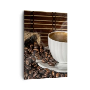 Cuadro sobre lienzo - Impresión de Imagen - Una taza de café con granos sobre un fondo de bambú. - 50x70cm - La negrura del carbón, la transparencia del ámbar - Decoración de pared moderna para salón y dormitorio ARTTOR