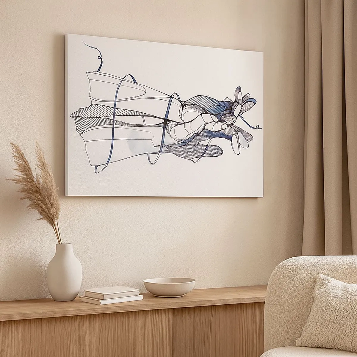 Cuadro sobre lienzo - Impresión de Imagen - Un dibujo sutil de una mano con una delicada flor. - 70x50cm - Un estudio sobre el contacto - Decoración de pared moderna para salón y dormitorio ARTTOR