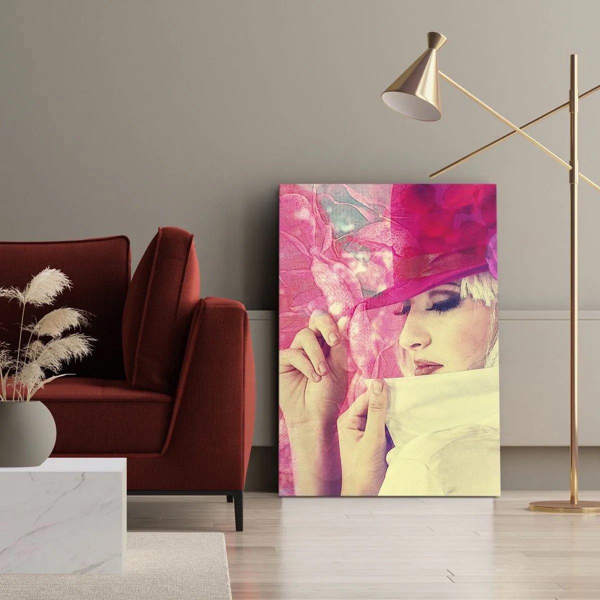 Cuadro sobre lienzo - Impresión de Imagen - Mujer elegante con un sombrero rosa y una flor. - 70x100cm - Retrato retro en rosa - Decoración de pared moderna para salón y dormitorio ARTTOR