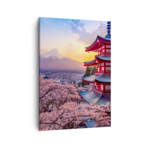 Cuadro sobre lienzo - Impresión de Imagen - Una pagoda en Japón con flores de cerezo y el monte Fuji. - 50x70cm - La esencia del espíritu japonés - Decoración de pared moderna para salón y dormitorio ARTTOR