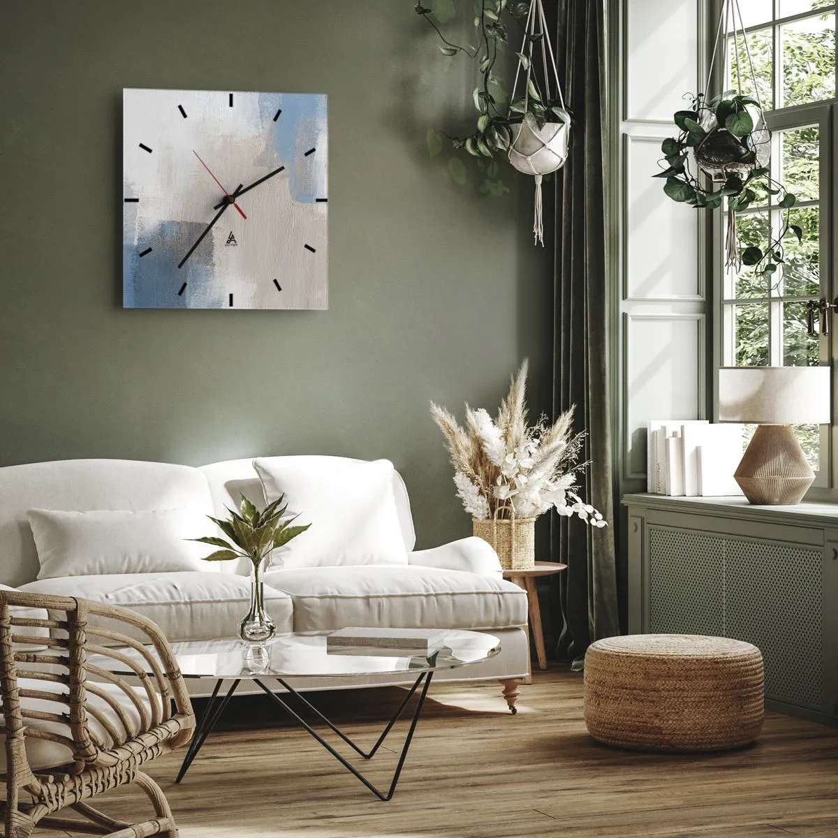 Reloj de pared - Reloj de vidrio - Formas abstractas en tonos azules y beige. - 30x30cm - Abstracción rosa tras un velo azul - Decoración de pared moderna para salón y dormitorio ARTTOR