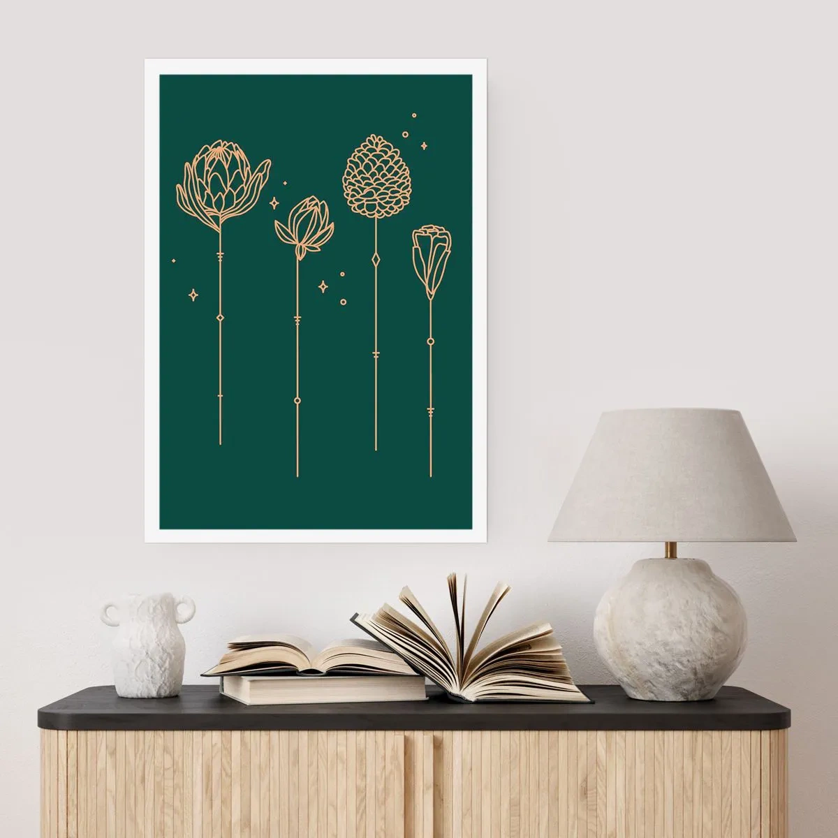 Póster - Contornos dorados de flores sobre un fondo verde oscuro. - 50x70cm - La familia vegetal - Decoración de pared moderna para salón y dormitorio ARTTOR