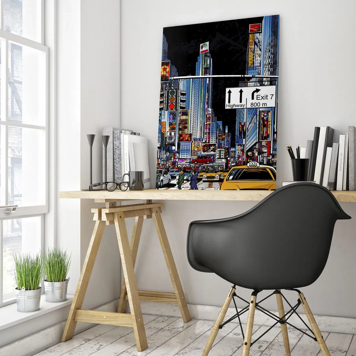 Cuadro sobre vidrio - Impresiones sobre Vidrio - Una calle concurrida con taxis amarillos y letreros de neón. - 50x70cm - Noche de cómic - Decoración de pared moderna para salón y dormitorio ARTTOR