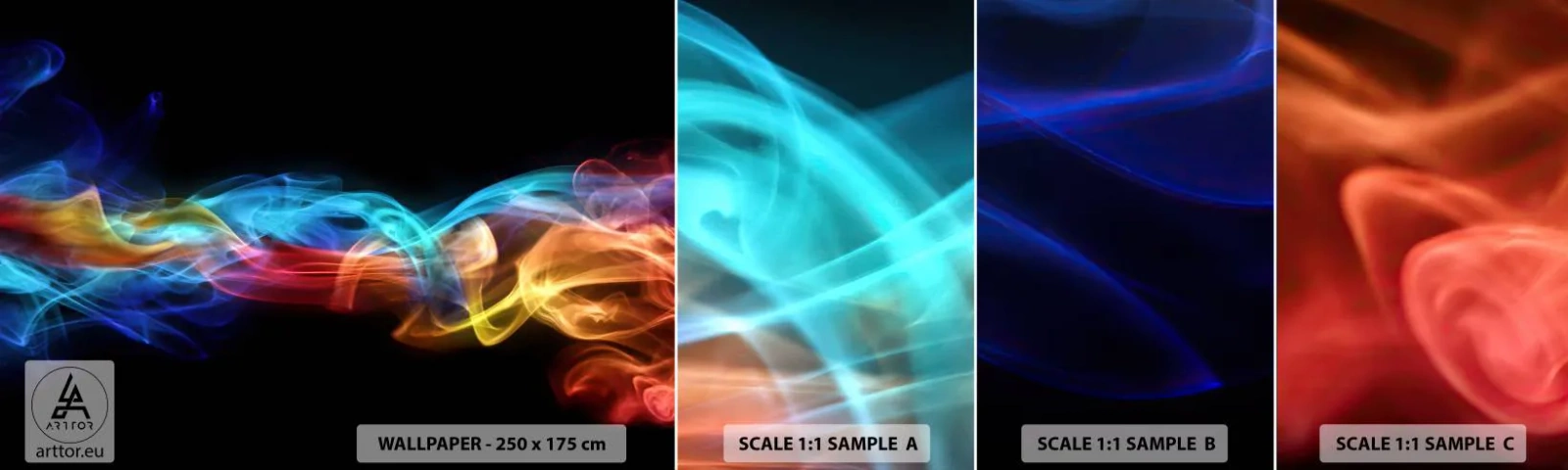 Muestra de fotomural autoadhesivo Deluxe Sticker - Una danza de nieblas de arco iris - Abstracción, Gráficos, Llamas coloridas - 100x30 cm