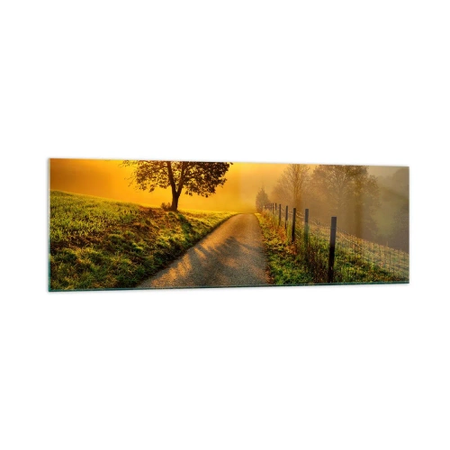 Cuadro sobre vidrio - Impresiones sobre Vidrio - Una pintoresca carretera al atardecer con un árbol solitario al fondo. - 160x50cm - Tarde melosa - Decoración de pared moderna para salón y dormitorio ARTTOR