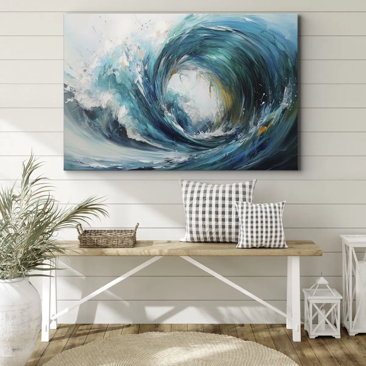 Cuadro sobre lienzo - Impresión de Imagen - Una ola dinámica en tonos azules y turquesas. - 70x50cm - Portal marino - Decoración de pared moderna para salón y dormitorio ARTTOR
