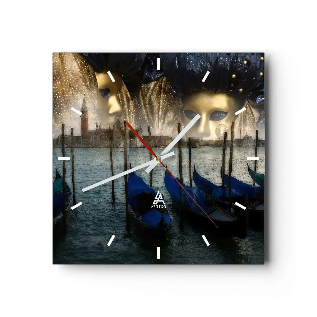 Reloj de pared - Reloj de vidrio - Máscaras de carnaval veneciano y góndolas con la ciudad y el agua como telón de fondo. - 30x30cm - El tiempo de carnaval ha comenzado - Decoración de pared moderna para salón y dormitorio ARTTOR