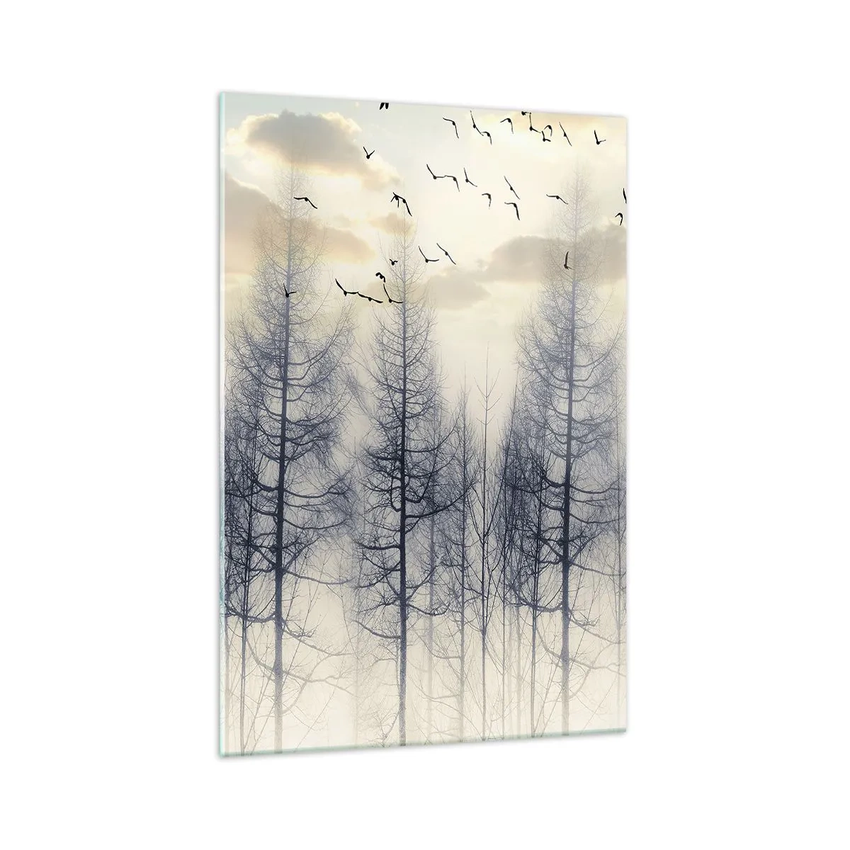 Cuadro sobre vidrio - Impresiones sobre Vidrio - Bosque brumoso con pájaros contra el cielo del atardecer - 70x100cm - Espíritus del bosque - Decoración de pared moderna para salón y dormitorio ARTTOR
