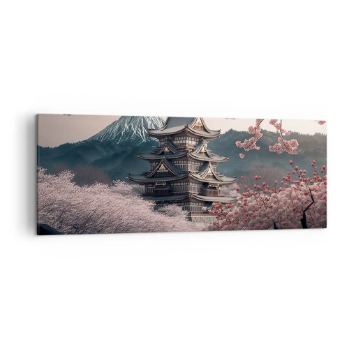 Cuadro sobre lienzo - Impresión de Imagen - Un templo japonés rodeado de flores de cerezo y montañas. - 140x50cm - Tierra de cerezos en flor - Decoración de pared moderna para salón y dormitorio ARTTOR