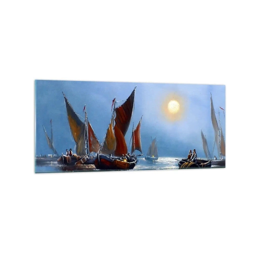 Cuadro sobre vidrio - Impresiones sobre Vidrio - Barcos con velas en aguas tranquilas al atardecer - 120x50cm - Pesca nocturna - Decoración de pared moderna para salón y dormitorio ARTTOR