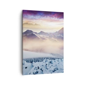 Cuadro sobre lienzo - Impresión de Imagen - Montañas cubiertas de nieve al amanecer con un cielo colorido. - 50x70cm - La fuerza y la pureza de la naturaleza - Decoración de pared moderna para salón y dormitorio ARTTOR