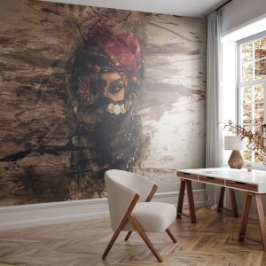 Fotomural Premium Canvas - Retrato artístico de una mujer con atuendo oriental sobre un fondo abstracto. - 100x70cm - Inquietante, como mínimo - Decoración de pared moderna para salón y dormitorio ARTTOR