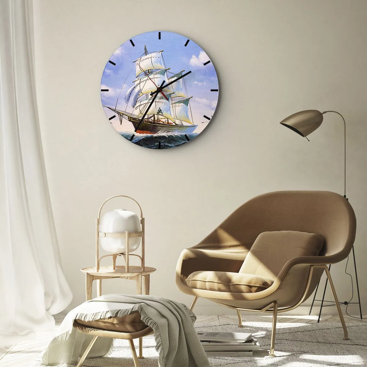 Reloj de pared - Reloj de vidrio - Veleros pictóricos en un mar tempestuoso bajo un cielo azul - 30x30cm - Orgulloso con el viento - Decoración de pared moderna para salón, cocina y dormitorio ARTTOR