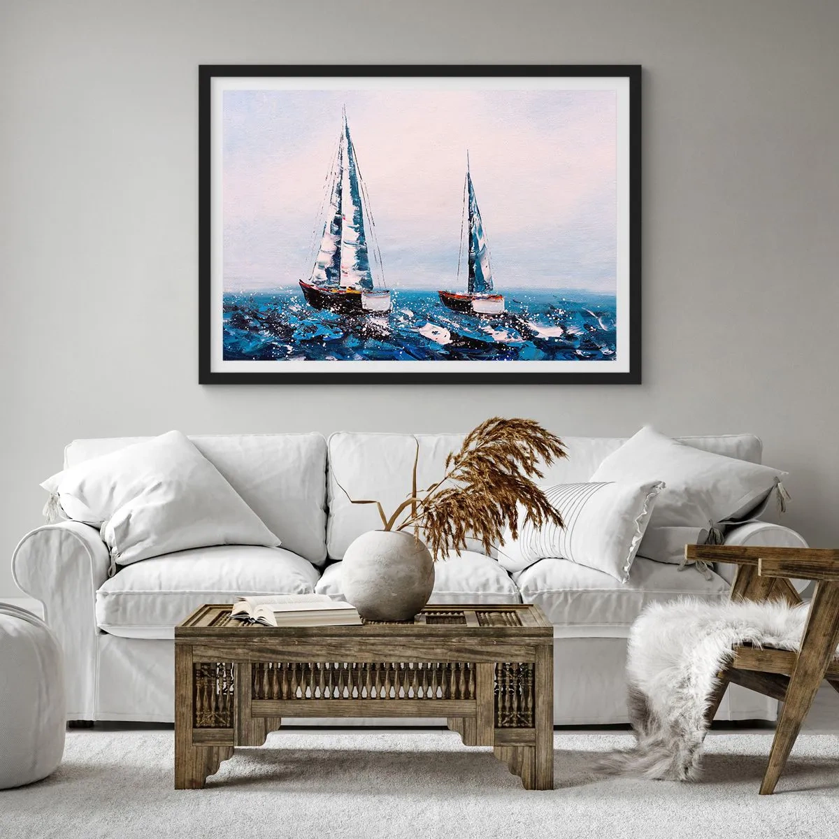 Póster en marco negro - Veleros en un mar tempestuoso en una composición pictórica - 70x50cm - Hermandad del viento - Decoración de pared moderna para salón y dormitorio ARTTOR