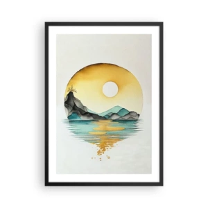 Póster en marco negro - Un paisaje minimalista de montañas sobre el agua en colores dorados. - 50x70cm - En un círculo de belleza - Decoración de pared moderna para salón y dormitorio ARTTOR
