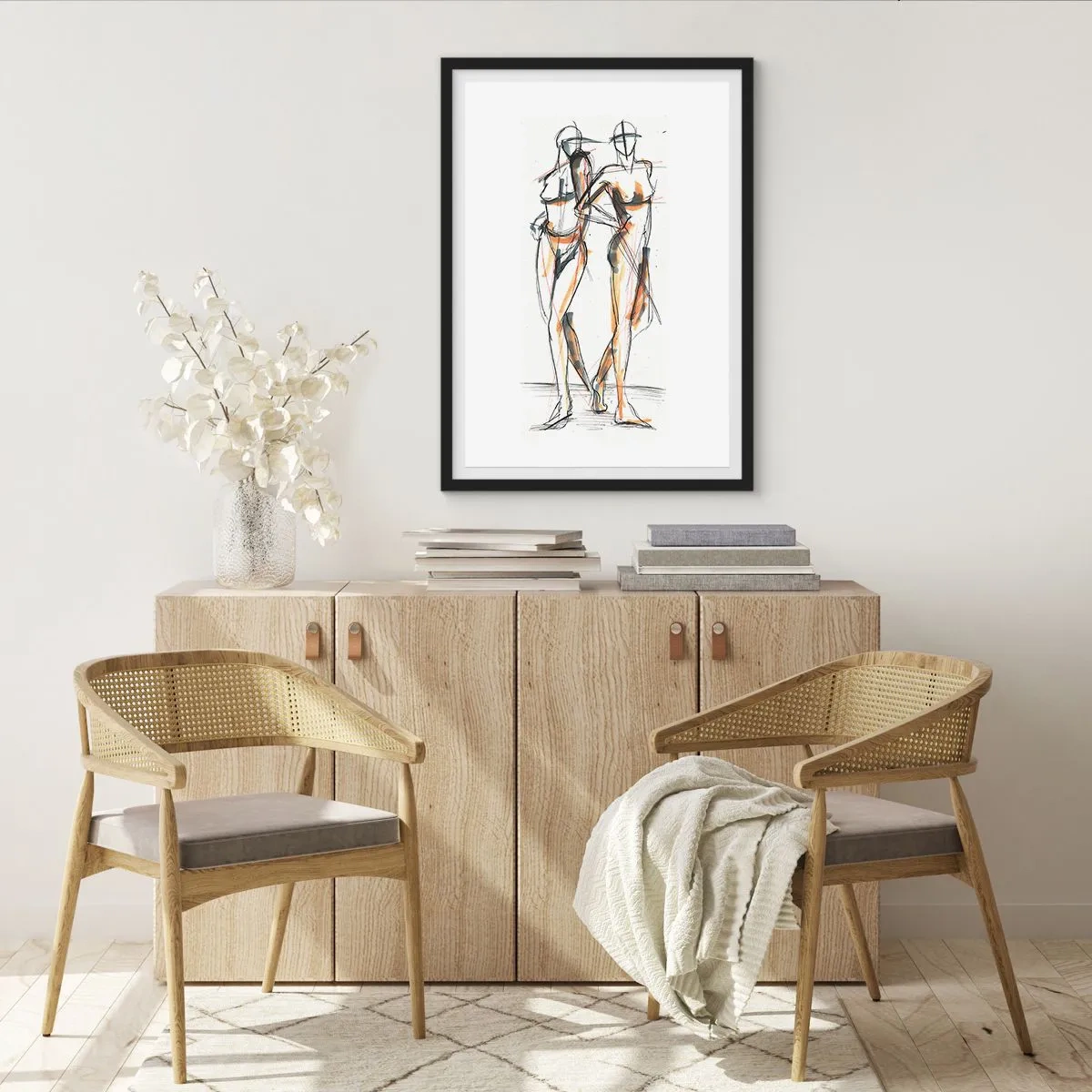 Póster en marco negro - Boceto abstracto de dos figuras en colores cálidos. - 50x70cm - Un estudio sobre el encanto - Decoración de pared moderna para salón y dormitorio ARTTOR