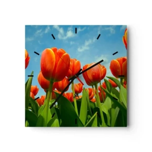 Reloj de pared - Reloj de vidrio - Un campo de tulipanes rojos y naranjas contra un cielo azul. - 30x30cm - Excepto el cielo azul no necesitan nada en la vida - Decoración de pared moderna para salón y dormitorio ARTTOR