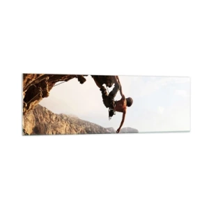 Cuadro sobre vidrio - Impresiones sobre Vidrio - Un escalador en un acantilado escarpado en las montañas bajo el sol. - 160x50cm - Un mundo en la roca - Decoración de pared moderna para salón y dormitorio ARTTOR
