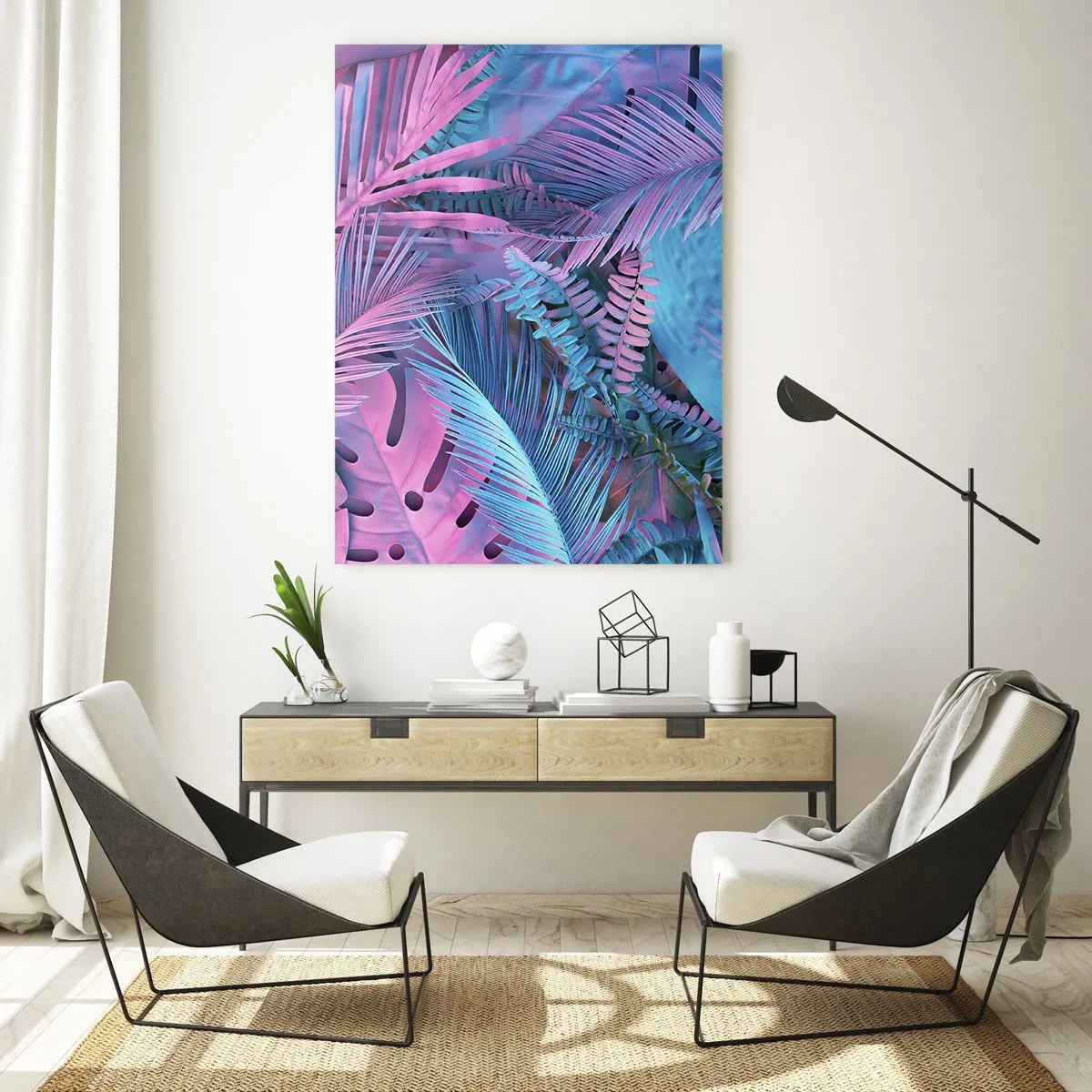 Cuadro sobre vidrio - Impresiones sobre Vidrio - Hojas tropicales en tonos rosa y azul sobre un fondo neón. - 50x70cm - Trópicos en rosa y azul - Decoración de pared moderna para salón y dormitorio ARTTOR