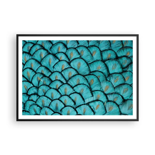 Póster en marco negro - Un patrón que se asemeja a escamas turquesas con acentos dorados. - 100x70cm - La gran gala de las plumas - Decoración de pared moderna para salón y dormitorio ARTTOR