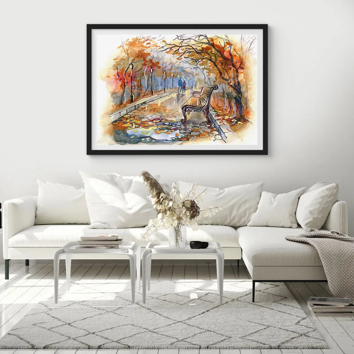 Póster en marco negro - Un parque otoñal con un banco en acuarela. - 100x70cm - Caminemos juntos hacia el otoño - Decoración de pared moderna para salón y dormitorio ARTTOR