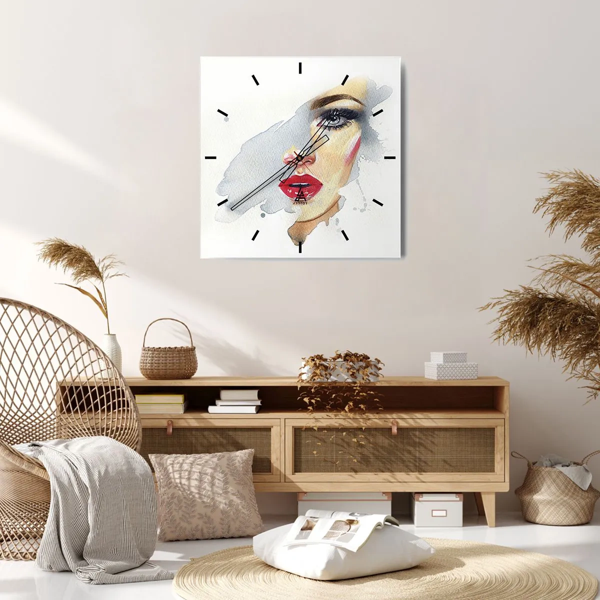Reloj de pared - Reloj de vidrio - Un retrato en acuarela de una mujer de mirada intensa. - 30x30cm - Reflejo en una gota de agua - Decoración de pared moderna para salón y dormitorio ARTTOR