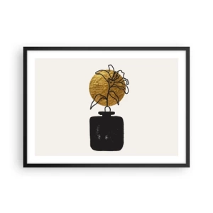 Póster en marco negro - Un dibujo de una flor en un jarrón sobre un fondo de círculo dorado. - 70x50cm - Belleza en equilibrio - Decoración de pared moderna para salón y dormitorio ARTTOR