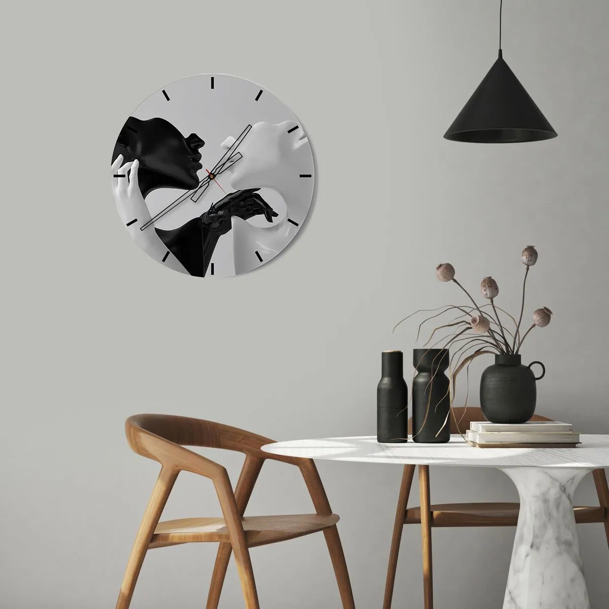 Reloj de pared - Reloj de vidrio - Un par de caras y manos en blanco y negro en primer plano. - 30x30cm - Atracción - deseo - Decoración de pared moderna para salón, cocina y dormitorio ARTTOR