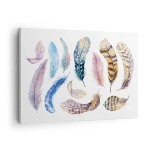 Cuadro sobre lienzo - Impresión de Imagen - Plumas de colores en un delicado estilo de acuarela. - 70x50cm - Ligero, colorido y multicolor - Decoración de pared moderna para salón y dormitorio ARTTOR
