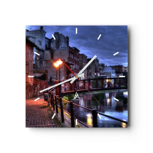 Reloj de pared - Reloj de vidrio - Vista nocturna de las casas de vecindad y el puente sobre el canal. - 30x30cm - No conocías Bydgoszcz así - Decoración de pared moderna para salón y dormitorio ARTTOR