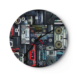 Reloj de pared - Reloj de vidrio - Radios y grabadoras de cintas coloridas de estilo retro - 30x30cm - Nostalgia de los 80. - Decoración de pared moderna para salón, cocina y dormitorio ARTTOR