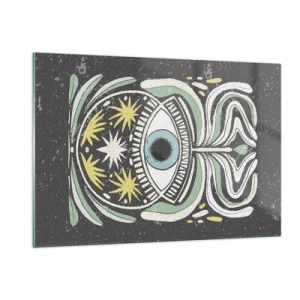 Cuadro sobre vidrio - Impresiones sobre Vidrio - Ojo gráfico con ornamentación tribal sobre un fondo oscuro. - 120x80cm - Rituales tribales - Decoración de pared moderna para salón y dormitorio ARTTOR