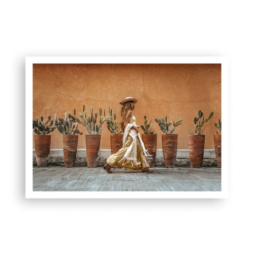 Póster - Una mujer en estilo boho con macetas de cactus al fondo. - 100x70cm - Estilo hippie - Decoración de pared moderna para salón y dormitorio ARTTOR