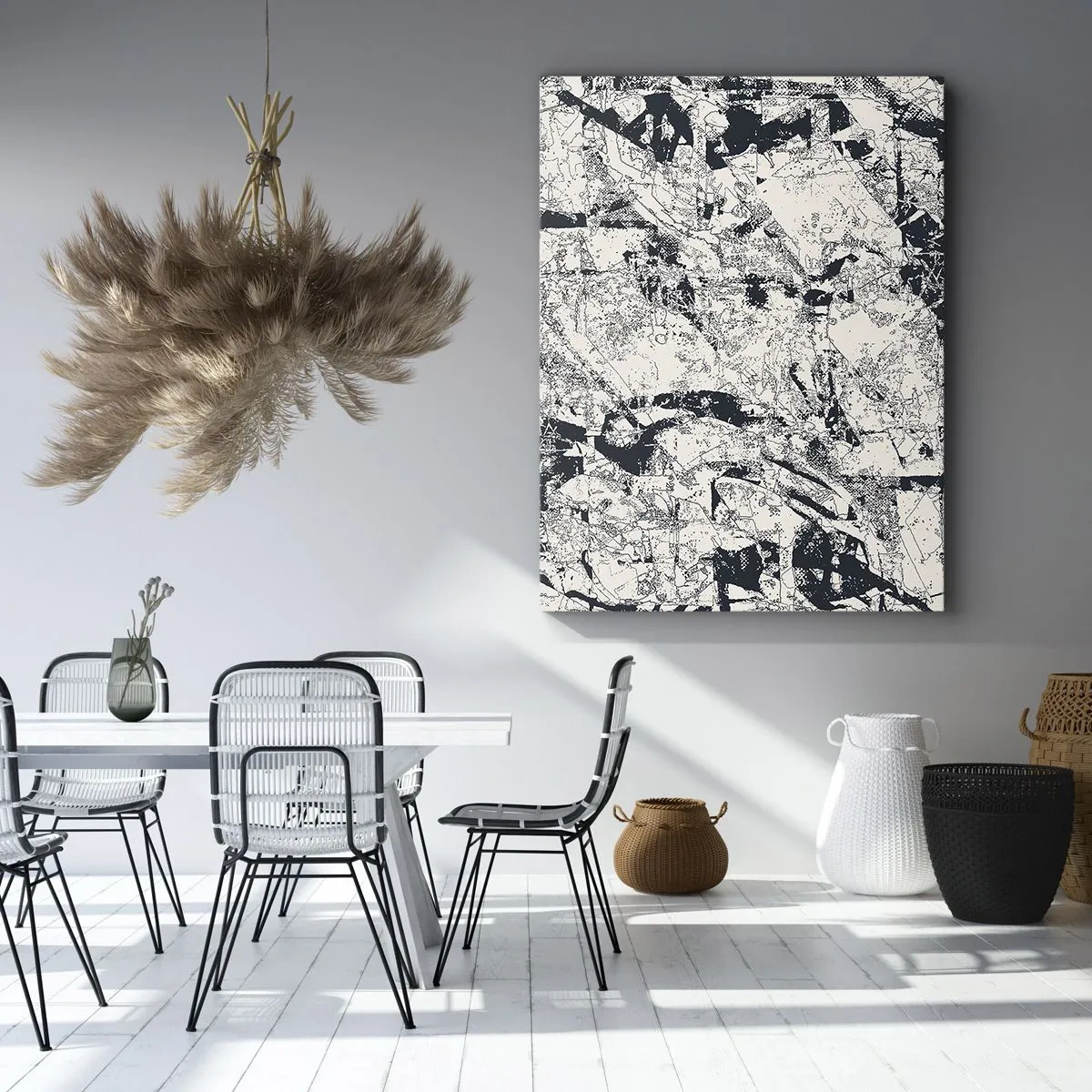 Cuadro sobre lienzo - Impresión de Imagen - Composición abstracta en blanco y negro con un diseño dinámico. - 80x120cm - La interpenetración de los opuestos - Decoración de pared moderna para salón y dormitorio ARTTOR